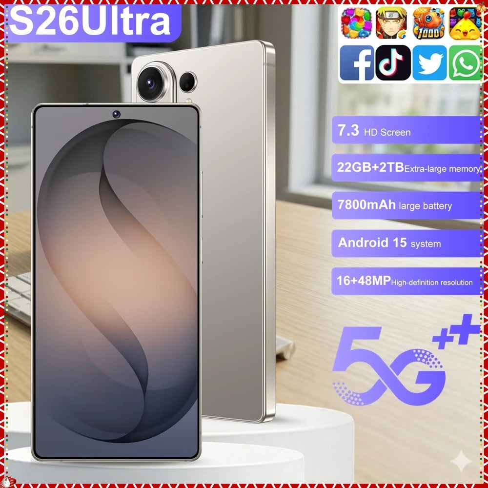 Nuevos Teléfonos Móviles S26 Ultra Smartphone Android 5G 7.3HD, 22G+2TB, 7800mAh, Desbloqueado, Doble SIM, Wifi, Versión Global