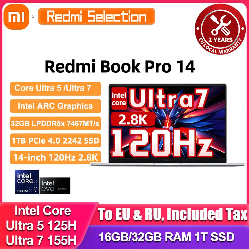 Xiaomi RedmiBook Pro 14 portátil Ultra 5-125H/Ultra 7-155H ARC gráficos 32GB DDR5 1T SSD 14 pulgadas 2,8 K 120Hz pantalla Notebook PC