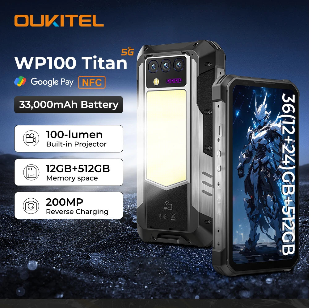 Teléfono Resistente Oukitel WP100 Titan, 33000 mAh, Cargador de 66 W, Cámara de 200 MP, Proyector Integrado, Linterna para Acampar, Teléfono Celular, 36 GB (12+24) + 512 GB