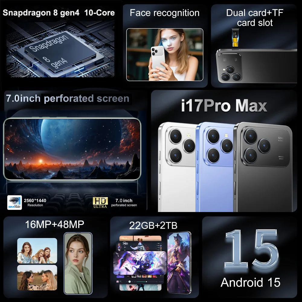 Caliente i17 Pro Max teléfonos móviles 2026 nuevo Original 7.0HD 5G tarjeta Dual modo de reposo teléfono inteligente 8000mAh Android 15 teléfonos móviles