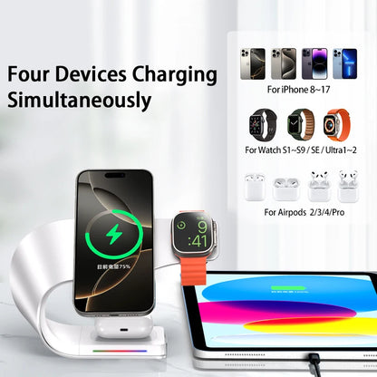 Cargador Inalámbrico Magnético Qi de 15W, 4 en 1, Carcasa Metálica, Estación de Carga Rápida de 15W para iPhone 12-17, Teléfonos Móviles, Airpods y Relojes