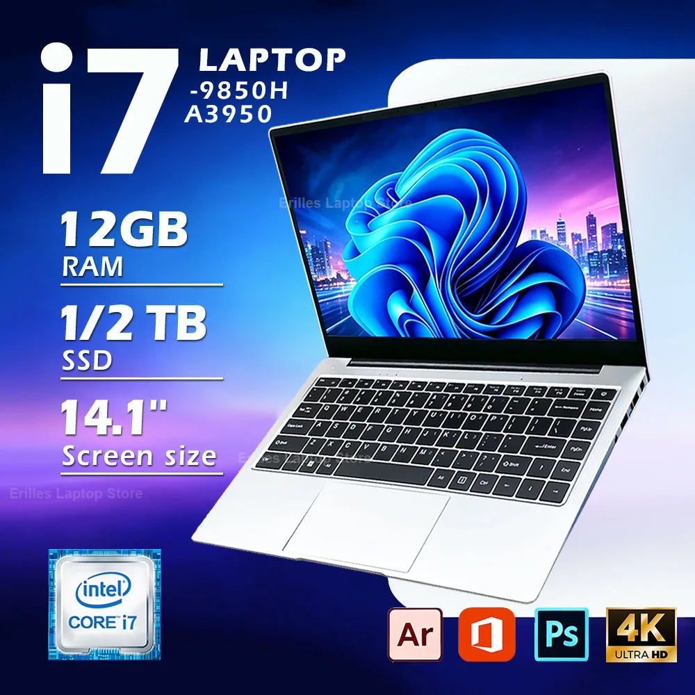 Computadora portátil de 14.1 pulgadas, Intel Core i7 9850H, Atom 3950, ultradelgada, 12 GB de RAM, 1 TB/2 TB SSD, para oficina y estudio, 1920*1080, Windows 11