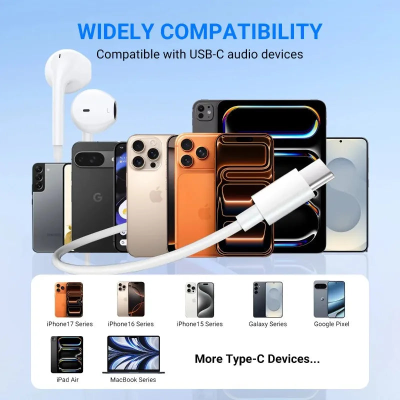 Audífonos USB C para iPhone 17 16 15, Auriculares con Cable Tipo C, Micrófono Integrado y Control de Volumen, Sonido Estéreo HiFi
