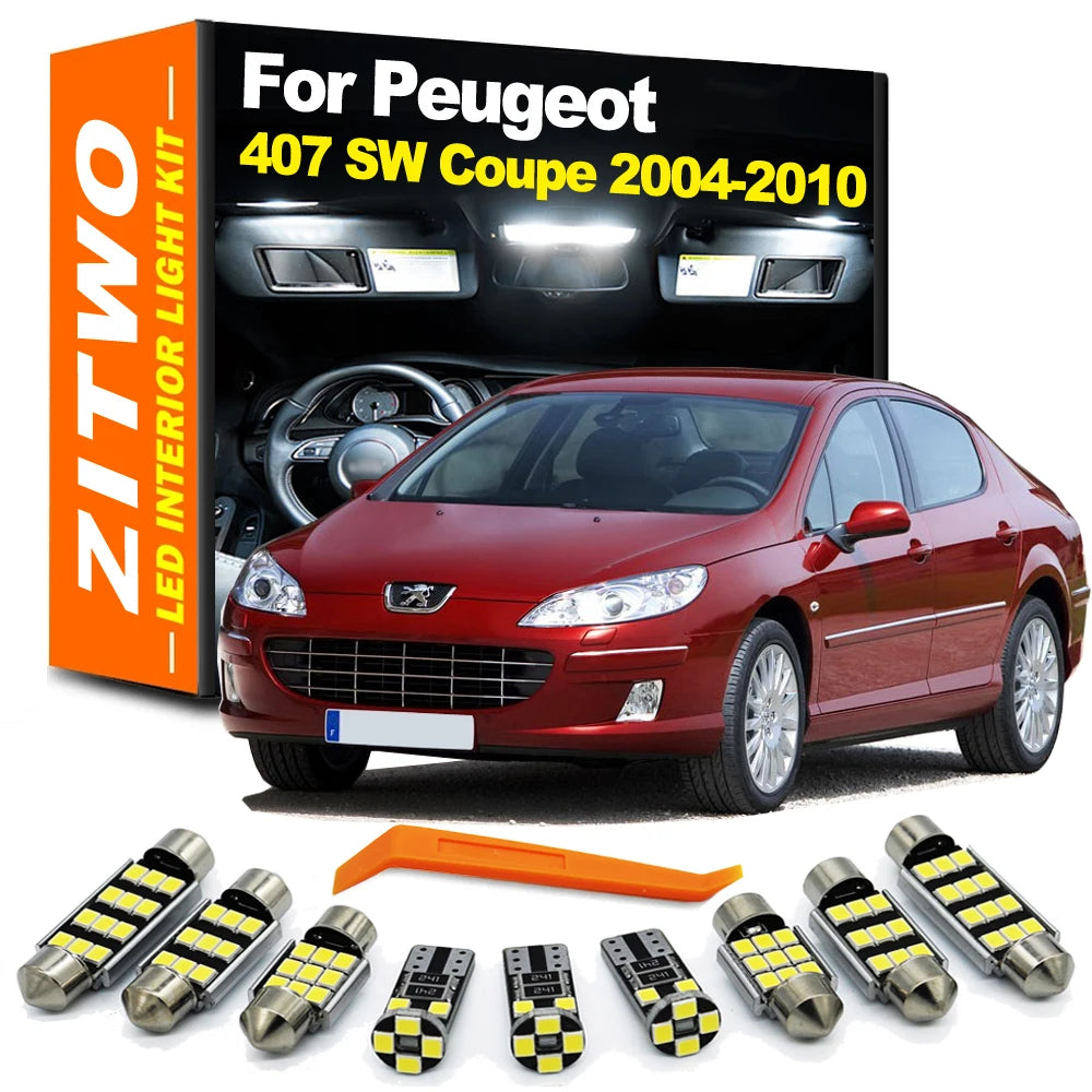 ZITWO 10 Uds sin Error Canbus para Peugeot 407 SW Coupe 2004 2005 2006 2007 2008 2009 2010 Kit de luces LED para maletero de lectura de mapas interiores