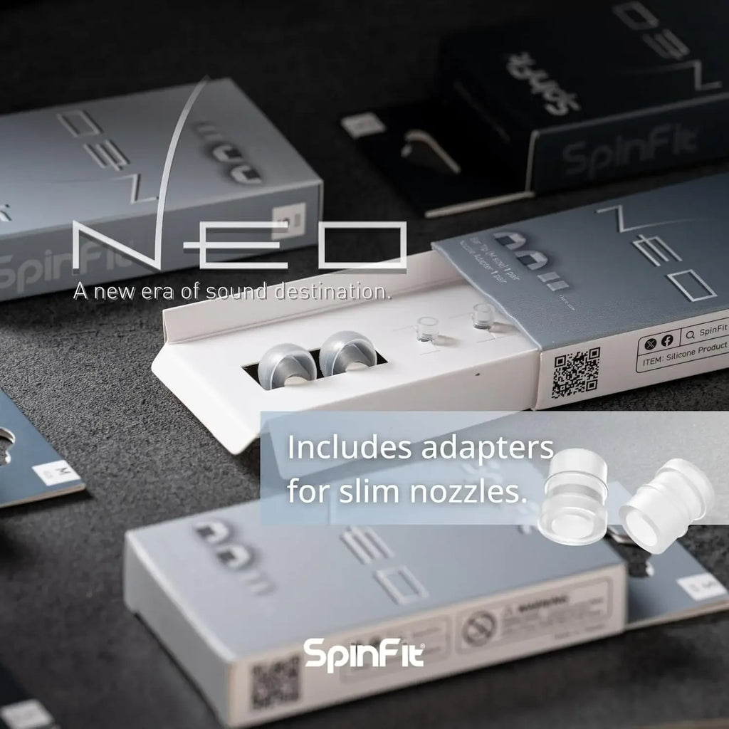 SpinFit NEO para puntas auriculares patentadas de silicona IEM, éxito de CP100/CP100 +, un juego que se adapta a boquillas normales y delgadas, 1 par con adaptadores