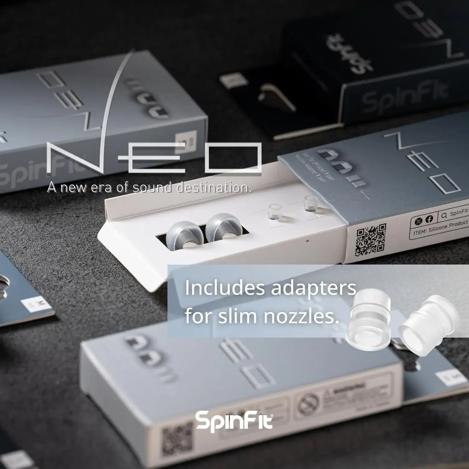 SpinFit NEO para puntas auriculares patentadas de silicona IEM, éxito de CP100/CP100 +, un juego que se adapta a boquillas normales y delgadas, 1 par con adaptadores