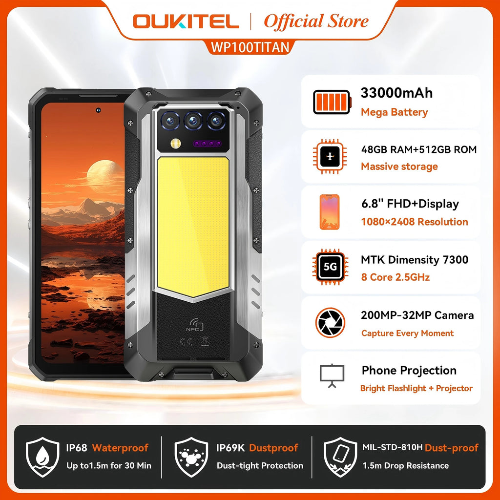 Teléfono Resistente Oukitel WP100 Titan, 33000 mAh, Cargador de 66 W, Cámara de 200 MP, Proyector Integrado, Linterna para Acampar, Teléfono Celular, 36 GB (12+24) + 512 GB