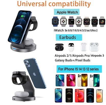 Soporte de cargador inalámbrico magnético 3 en 1 para iPhone 16 15 14 13 Pro Max iWatch AirPods estación de carga rápida MagSafe