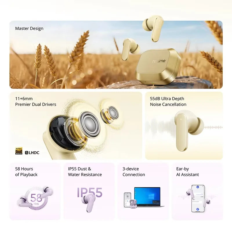 Versión Global realme Buds Air 8, Auriculares Inalámbricos con Cancelación de Ruido Ultra Profunda de 55dB, Bluetooth 5.4, LHDC 5.0, IP55