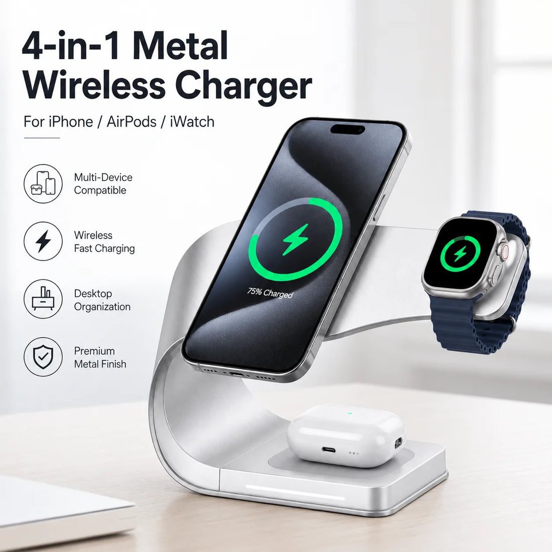 Cargador Inalámbrico Magnético Qi de 15W, 4 en 1, Carcasa Metálica, Estación de Carga Rápida de 15W para iPhone 12-17, Teléfonos Móviles, Airpods y Relojes