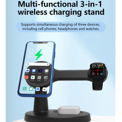 El Soporte de Carga Inalámbrico Tres en Uno para Teléfonos Móviles y Auriculares Ofrece Carga Rápida de 15W y Es Compatible con Relojes IOS