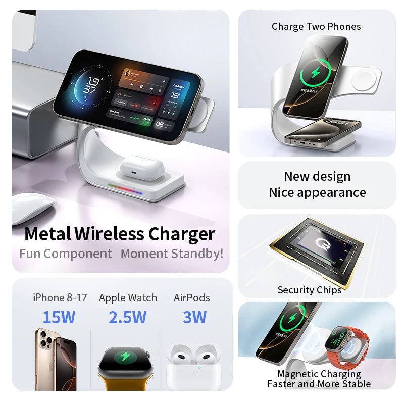 Cargador Inalámbrico Magnético Qi de 15W, 4 en 1, Carcasa Metálica, Estación de Carga Rápida de 15W para iPhone 12-17, Teléfonos Móviles, Airpods y Relojes