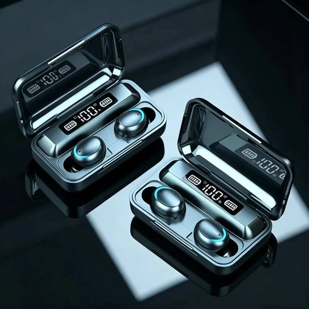 Auriculares inalámbricos TWS con tecnología Bluetooth, cancelación de ruido, sonido estéreo, pantalla LED y micrófono, ideales para practicar deportes.