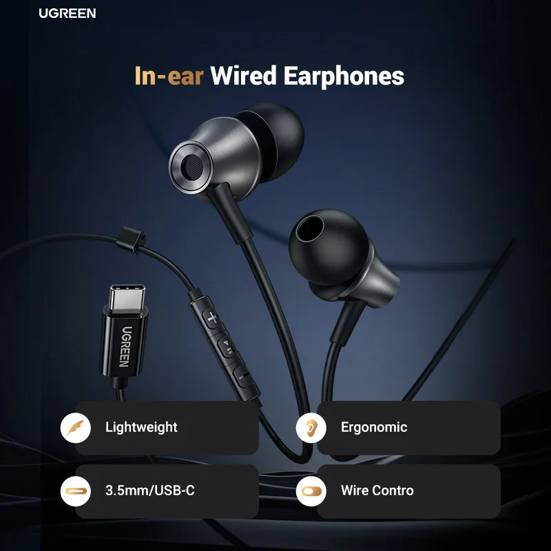 UGREEN Auriculares con cable USB tipo C de 3,5 mm con micrófono, auriculares con cable en la oreja Estéreo HiFi, para la mayoría con conector de 3,5 mm