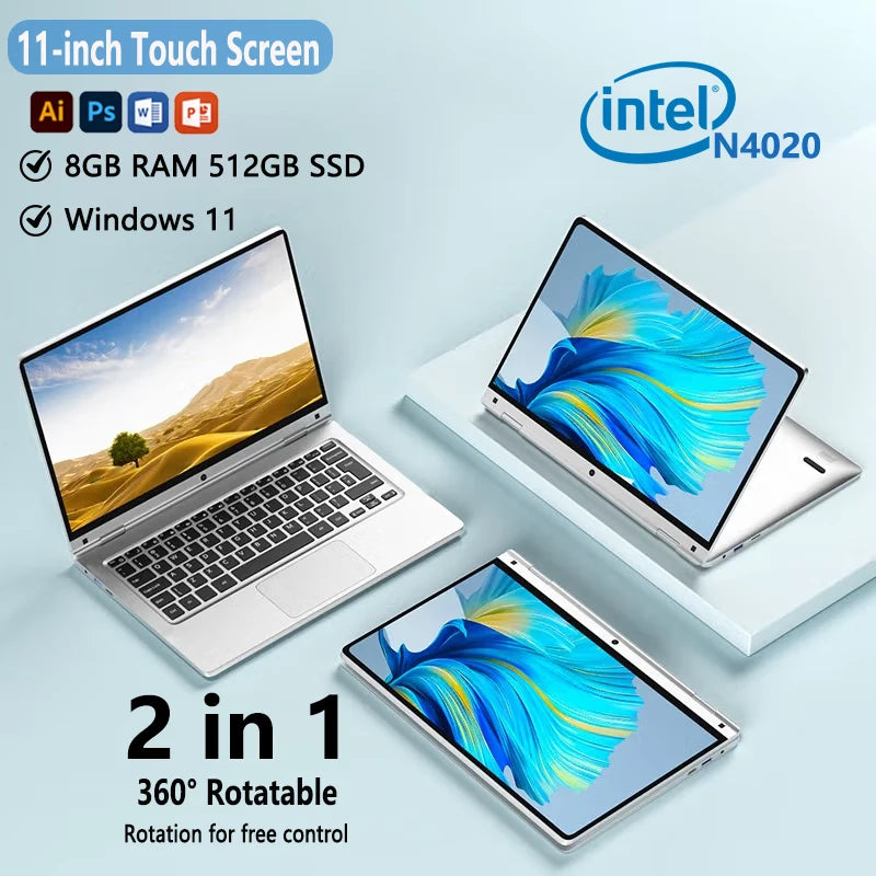 Miniordenador portátil 2 en 1 con pantalla táctil de 11.6 pulgadas, Intel N4020, 8GB, 512GB, Windows 11 Pro, Office, tableta para aprendizaje, portátil.
