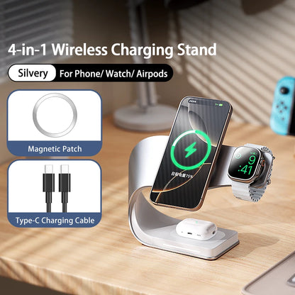 Cargador Inalámbrico Magnético Qi de 15W, 4 en 1, Carcasa Metálica, Estación de Carga Rápida de 15W para iPhone 12-17, Teléfonos Móviles, Airpods y Relojes