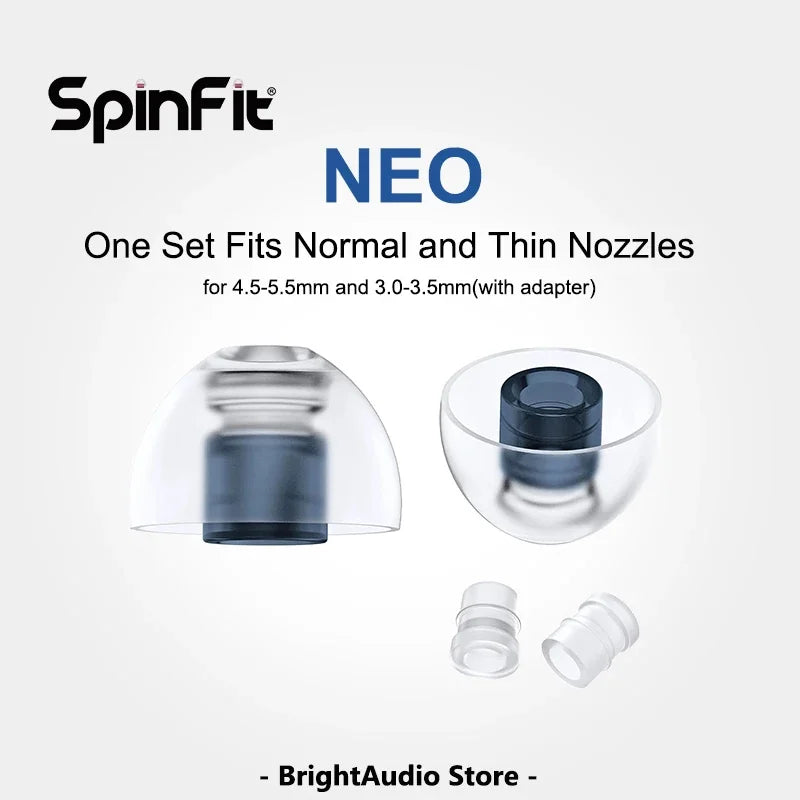 SpinFit NEO para puntas auriculares patentadas de silicona IEM, éxito de CP100/CP100 +, un juego que se adapta a boquillas normales y delgadas, 1 par con adaptadores