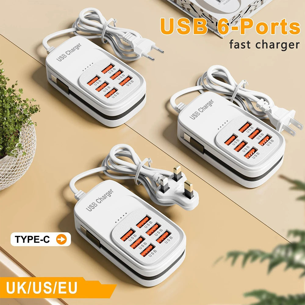 Estación de Carga USB Multi-Puerto 6 en 1, 3PD 3USB, Regleta de Escritorio, Adaptador de Carga Rápida, Enchufe EU, UK, US, Enchufe de Viaje