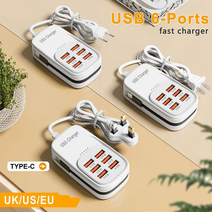 Estación de Carga USB Multi-Puerto 6 en 1, 3PD 3USB, Regleta de Escritorio, Adaptador de Carga Rápida, Enchufe EU, UK, US, Enchufe de Viaje