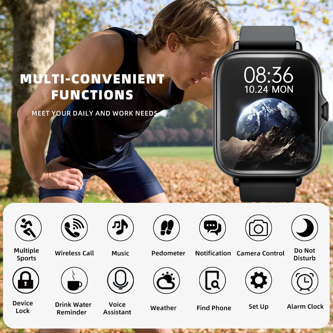 Reloj inteligente resistente al agua de 1,83 pulgadas con mensaje, respuesta a llamadas, monitoreo del sueño, podómetro deportivo, alertas de información para iPhone y Android